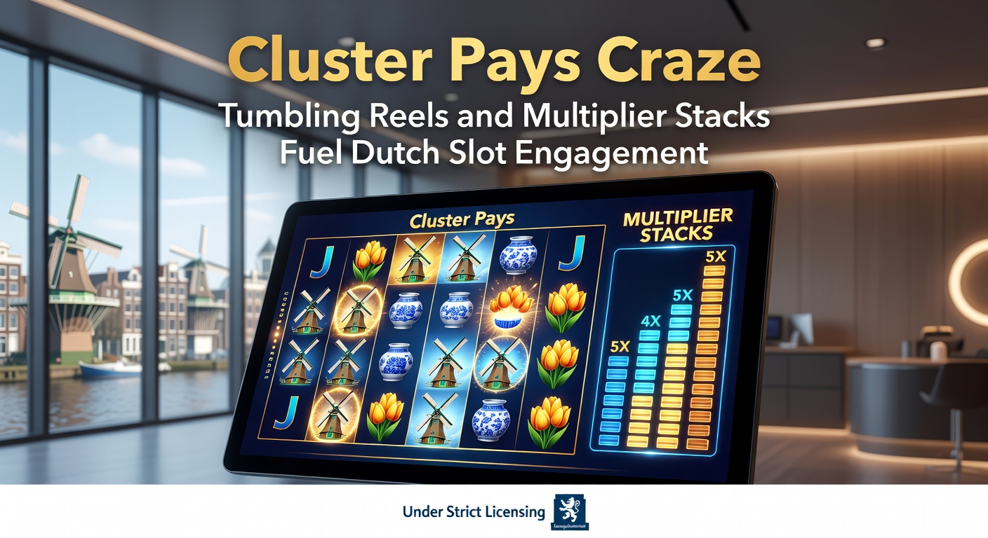 Schermafbeelding van een bruisende cluster pays slot met vallende symbolen en opbouwende multipliers in een Nederlands online casino