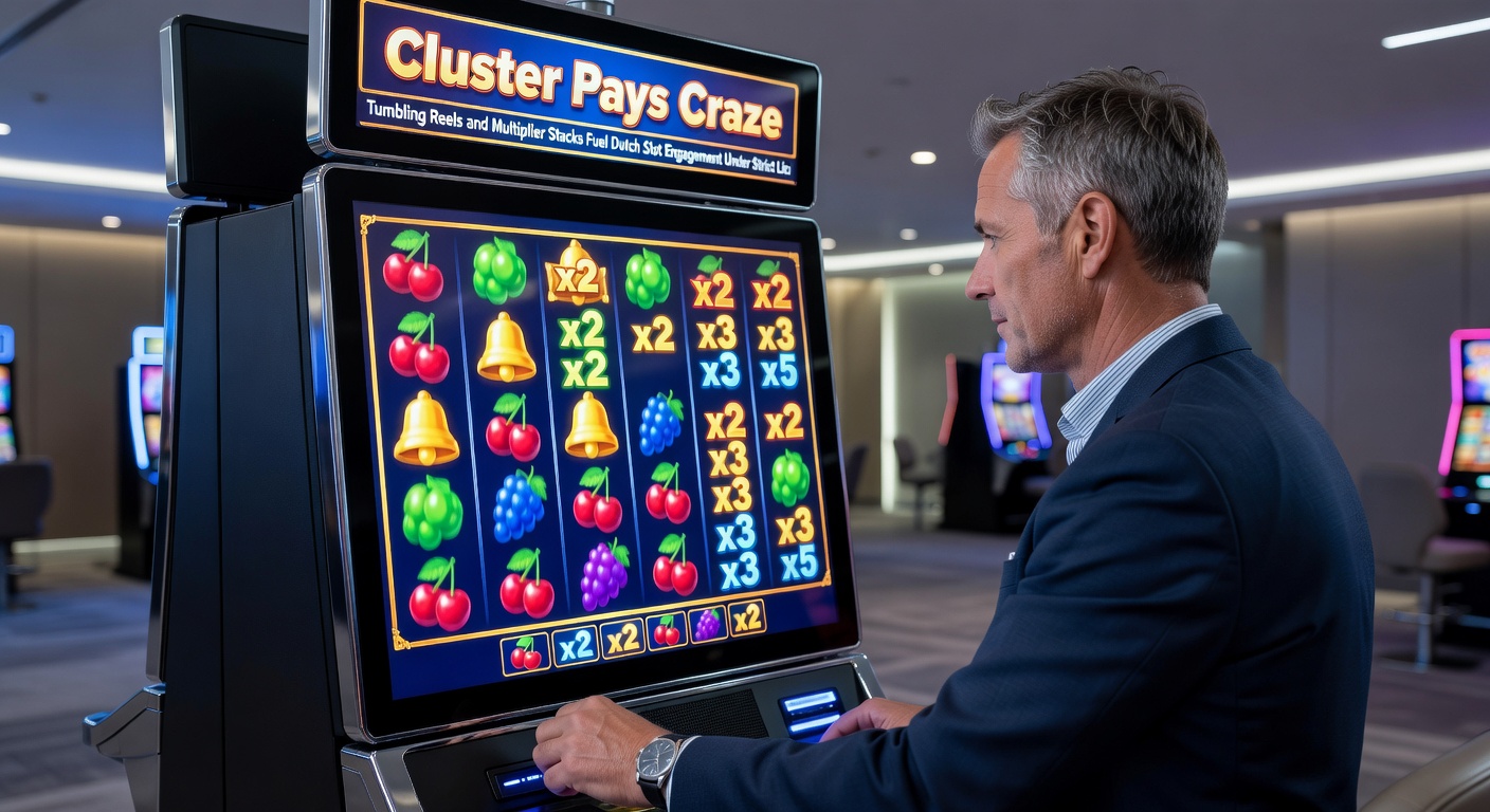 Dynamische weergave van multiplier stacks die groeien tijdens tumbling reels in een cluster pays slot, met Nederlandse casino-interface op de achtergrond