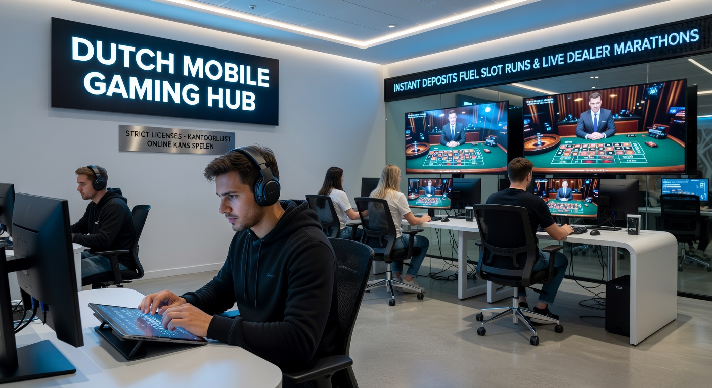 Dynamische sfeer in een Nederlands mobiel gaming hub met spelers die slots draaien en live dealers hosten via mobiele schermen