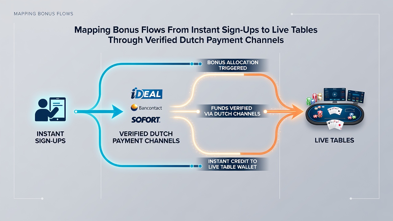 Diagram van live tafelintegratie met bonusstromen via Nederlandse betaalmethodes