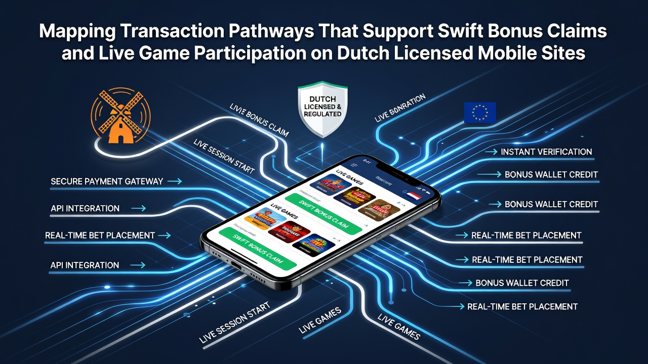 Diagram van transactiepaden op Nederlandse mobiele gokplatforms met focus op bonusclaims en live spellen