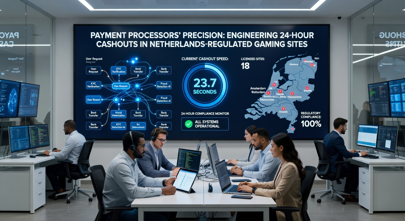 Schematische weergave van een betaalverwerkingsflow met tijdstempels, tonen hoe een uitbetaling van casino naar bank binnen 24 uur verloopt op een Nederlands platform